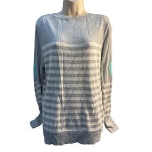 Time And Tru Gray And White Striped Women's Sweater with Teal Hearts On Sleeves